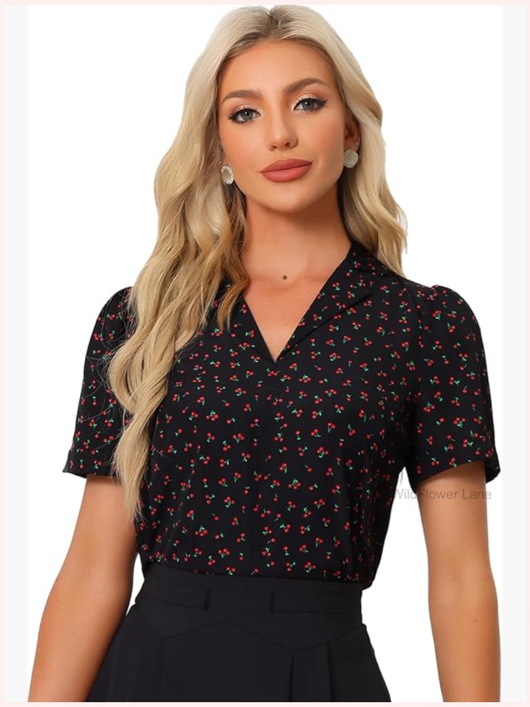 Floral Print Short Sleeve V Neck Blouse Dressy Summer Tops
